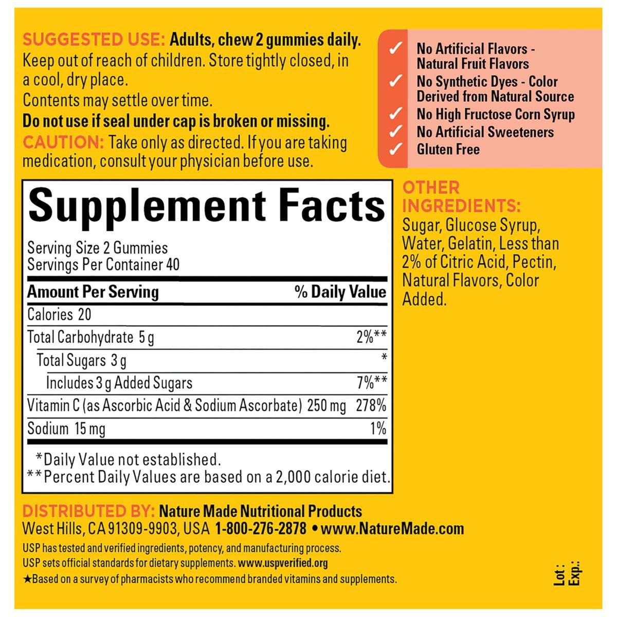 Nature Made Vitamin C Gummis für Erwachsene – 250 mg pro Portion, 80 Gummis, 40 Tage Vorrat – Immununterstützung