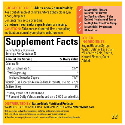 Nature Made Vitamin C Gummis für Erwachsene – 250 mg pro Portion, 80 Gummis, 40 Tage Vorrat – Immununterstützung