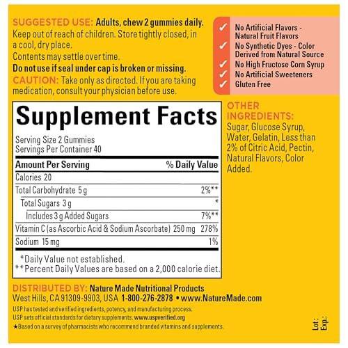 Nature Made Vitamin C Gummis für Erwachsene – 250 mg pro Portion, 80 Gummis, 40 Tage Vorrat – Immununterstützung