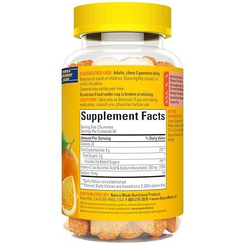 Nature Made Vitamin C Gummis für Erwachsene – 250 mg pro Portion, 80 Gummis, 40 Tage Vorrat – Immununterstützung