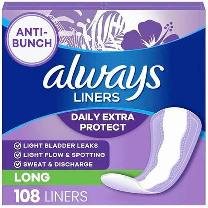 Always Slipeinlagen für Frauen Anti-Bunch Xtra Protection Tägliche Slipeinlagen, Lang, Ungeduftet, 108 Stück