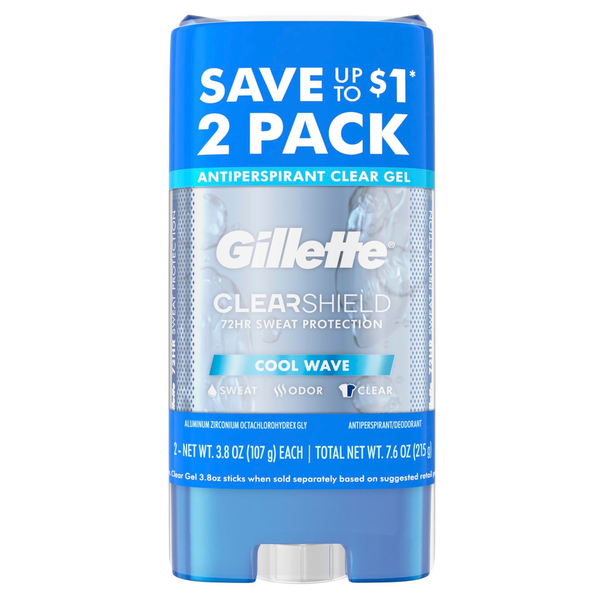 Gillette Antitranspirant & Deodorant für Männer, 72h Schweiß- & Geruchsschutz, langanhaltende Frische, Anti-weiße-Flecken-Technologie, klares Gel, Cool Wave Duft, 3,8 oz (2er-Pack)