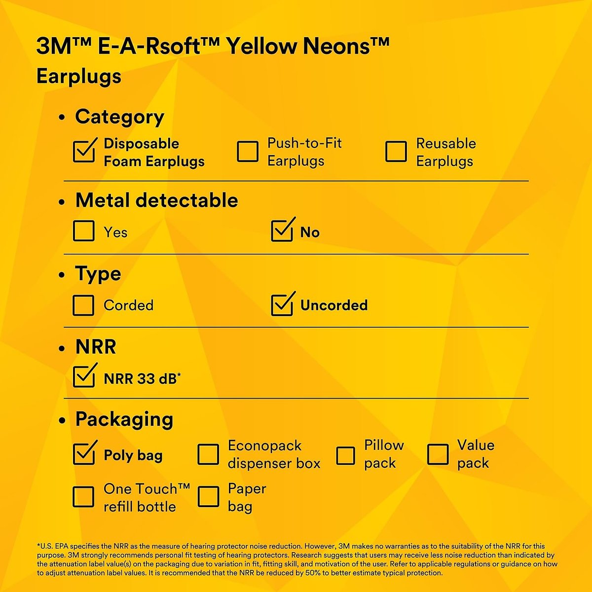 3M Ohrstöpsel E-A-Rsoft Yellow Neons 315-1250, 200 Paar Einweg-Ohrstöpsel, einzeln verpackt, reguläre Größe, unverbunden, 33 NRR, zylindrische Form mit Verjüngung, langsamer Rückstellschaum