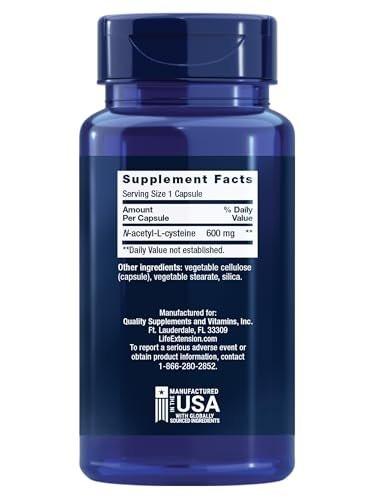 Life Extension N-Acetyl-L-Cystein (NAC) 600 mg – Immunsystem, Atemwege, Lebergesundheit, starke antioxidative Unterstützung, 60 Kapseln