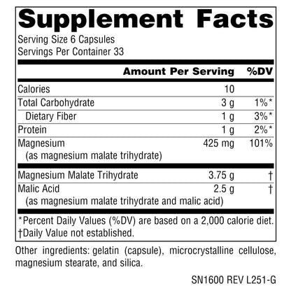 Source Naturals Magnesium Malat – 3750 mg pro Portion, 200 Kapseln – Unterstützt Muskeln und Energieproduktion*