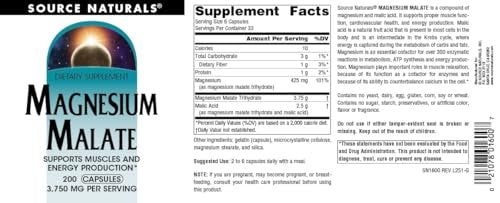 Source Naturals Magnesium Malat – 3750 mg pro Portion, 200 Kapseln – Unterstützt Muskeln und Energieproduktion*