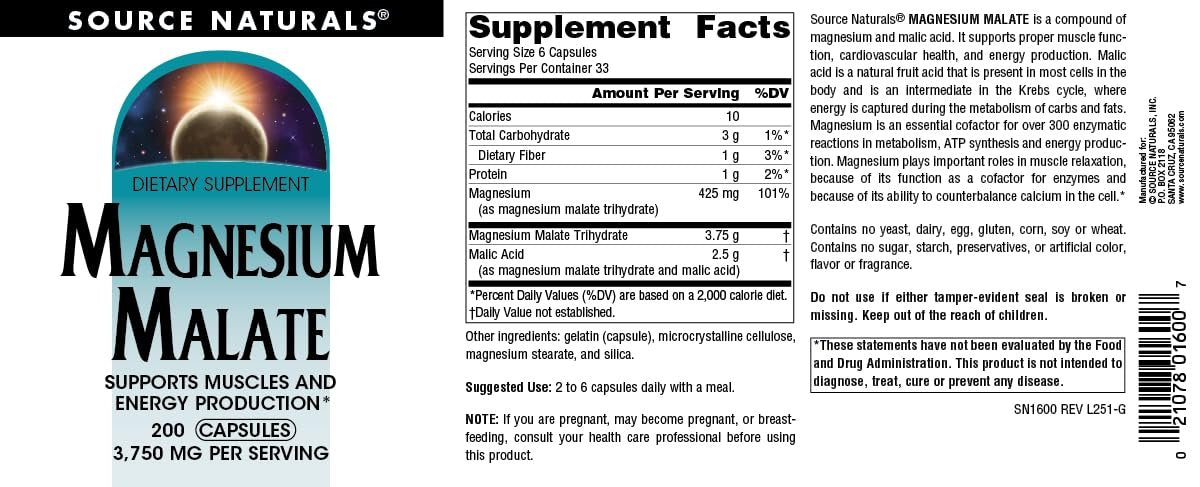 Source Naturals Magnesium Malat – 3750 mg pro Portion, 200 Kapseln – Unterstützt Muskeln und Energieproduktion*