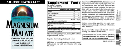 Source Naturals Magnesium Malat – 3750 mg pro Portion, 200 Kapseln – Unterstützt Muskeln und Energieproduktion*