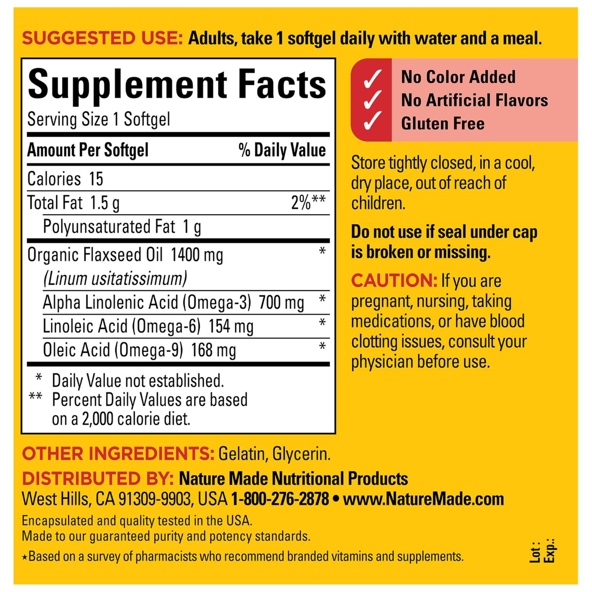 Nature Made Extra Starkes Leinöl 1400 mg, Fischfreies Omega-3-Präparat, Nahrungsergänzungsmittel zur Unterstützung der Herzgesundheit, 100 Weichkapseln, 100-Tage-Versorgung