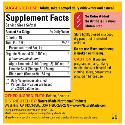 Nature Made Extra Starkes Leinöl 1400 mg, Fischfreies Omega-3-Präparat, Nahrungsergänzungsmittel zur Unterstützung der Herzgesundheit, 100 Weichkapseln, 100-Tage-Versorgung