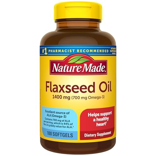 Nature Made Extra Starkes Leinöl 1400 mg, Fischfreies Omega-3-Präparat, Nahrungsergänzungsmittel zur Unterstützung der Herzgesundheit, 100 Weichkapseln, 100-Tage-Versorgung