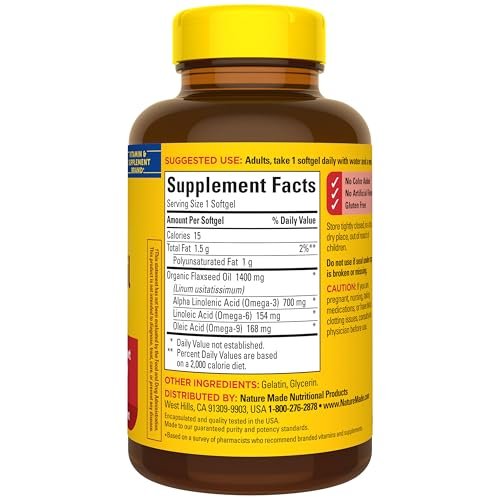 Nature Made Leinsamenöl 1000 mg – Fischfreies Omega-3-Präparat für die Herzgesundheit, 180 Softgels, 180-Tage-Vorrat