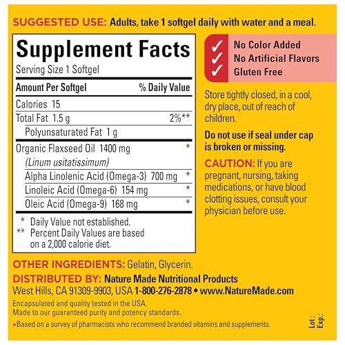 Nature Made Extra Starkes Leinöl 1400 mg, Fischfreies Omega-3-Präparat, Nahrungsergänzungsmittel zur Unterstützung der Herzgesundheit, 100 Weichkapseln, 100-Tage-Versorgung