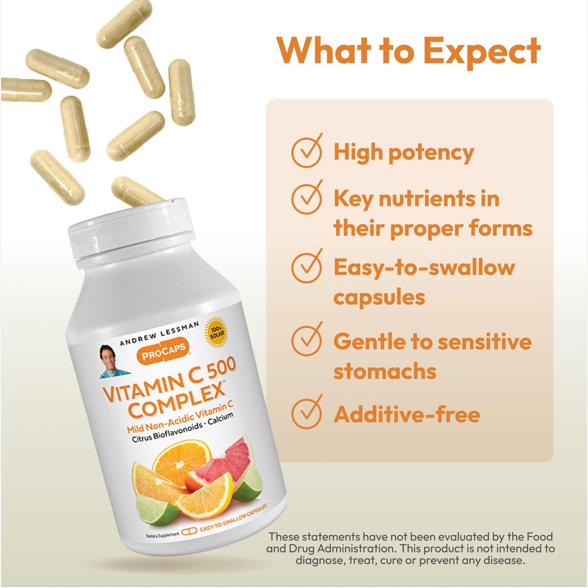 ANDREW LESSMAN Vitamin C 500 Complex 60 Kapseln – Nicht-saures Vitamin C mit Citrus-Bioflavonoiden für Immunsystem und antioxidative Unterstützung, kein Magenverstimmung, kleine leicht zu schluckende Kapseln