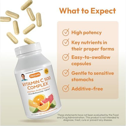 ANDREW LESSMAN Vitamin C 500 Complex 60 Kapseln – Nicht-saures Vitamin C mit Citrus-Bioflavonoiden für Immunsystem und antioxidative Unterstützung, kein Magenverstimmung, kleine leicht zu schluckende Kapseln