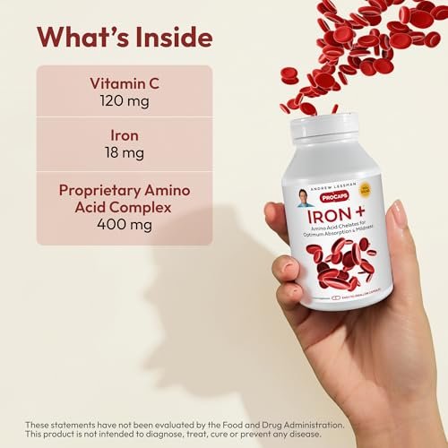ANDREW LESSMAN Eisen Plus 90 Kapseln - 18 mg Eisen, 100% reines Aminosäure-Chelat-Eisen (Glycinat, Aspartat) plus Vitamin C für erhöhte Aufnahme, kleine, leicht zu schluckende Kapseln, ohne Zusatzstoffe