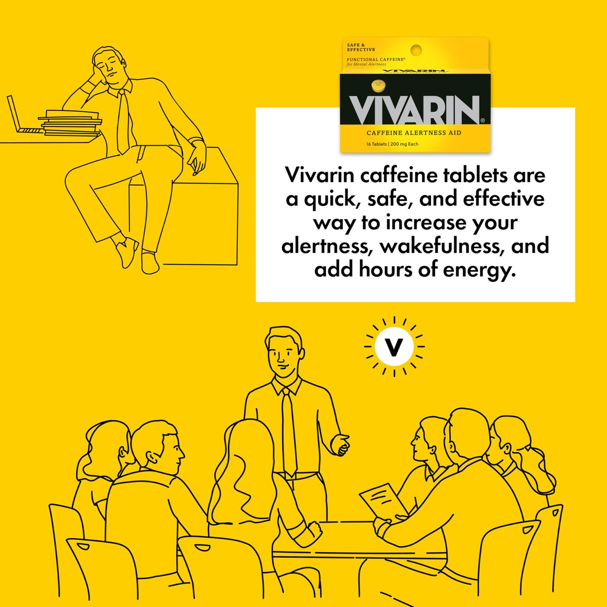 Vivarin Koffeintabletten, 200 mg Koffein pro Dosis, hilft sicher und effektiv wach zu bleiben, ohne Zucker, Kalorien oder versteckte Inhaltsstoffe, Energieergänzung, 16 Tabletten