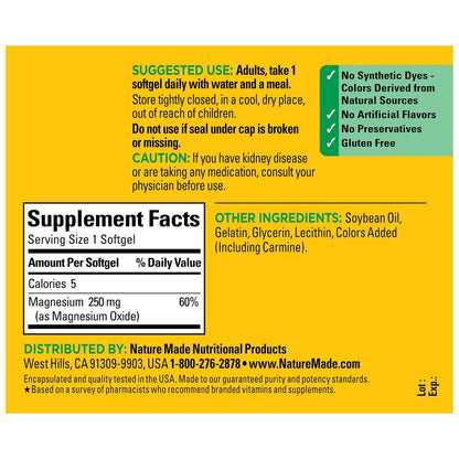 Nature Made Magnesium 250 mg – 90 Softgels, Unterstützung für Muskeln, Herz, Knochen und Nerven