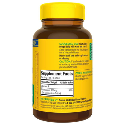 Nature Made Magnesium 250 mg – 90 Softgels, Unterstützung für Muskeln, Herz, Knochen und Nerven