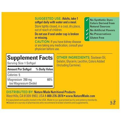 Nature Made Magnesium 250 mg – 90 Softgels, Unterstützung für Muskeln, Herz, Knochen und Nerven