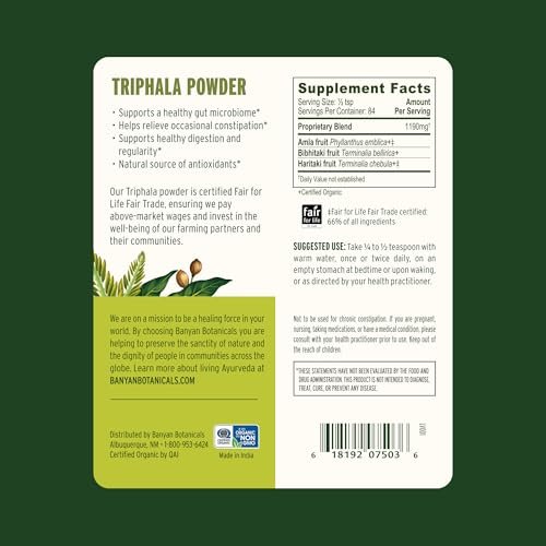 Banyan Botanicals Bio Triphala Pulver – Tägliche Verdauungsunterstützung & sanfte Darmreinigung – Reines Amla, Haritaki & Bibhitaki für Darmmikrobiom & Regelmäßigkeit – 450 g – USDA Bio