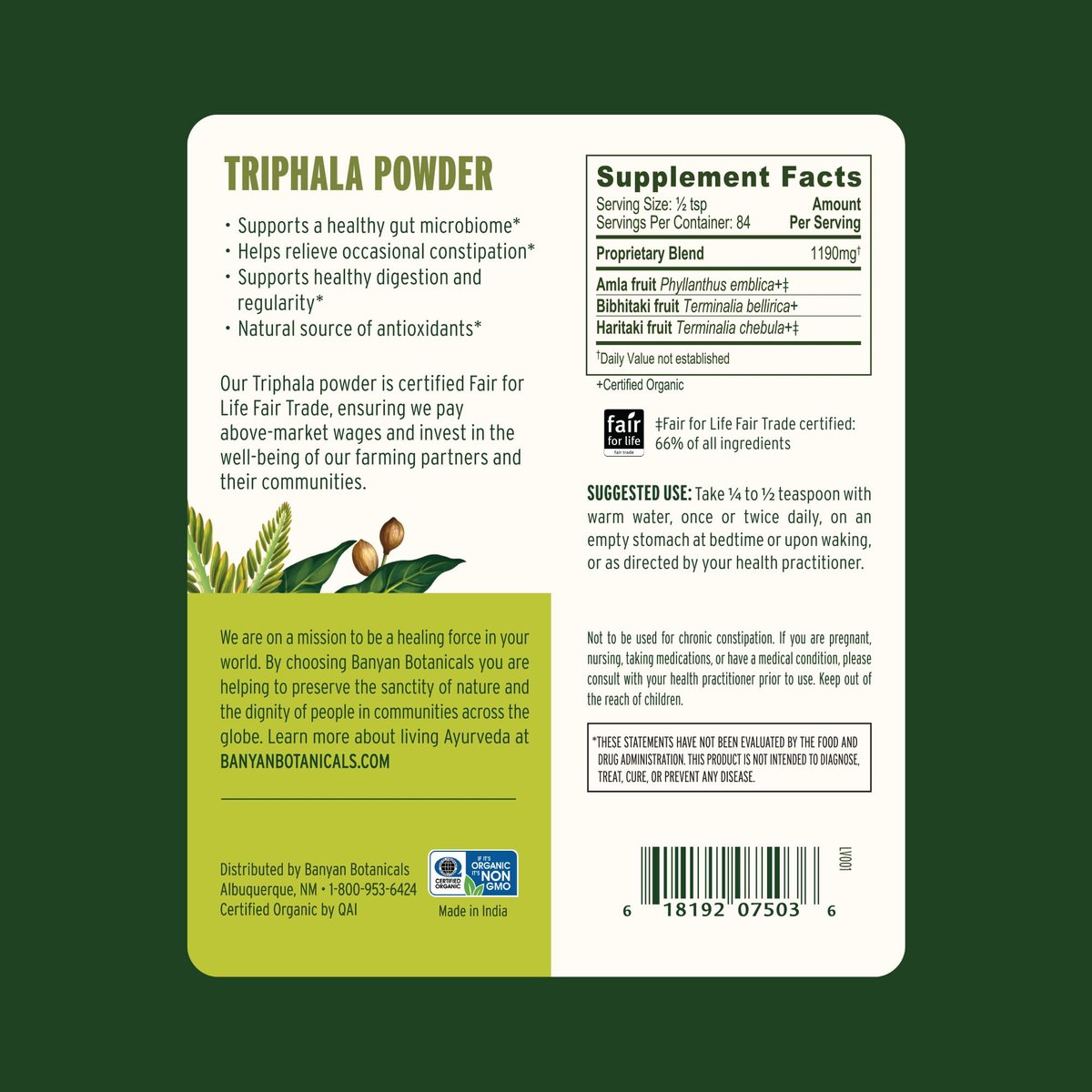 Banyan Botanicals Bio Triphala Pulver – Tägliche Verdauungsunterstützung & sanfte Darmreinigung – Reine Amla, Haritaki & Bibhitaki für Darmmikrobiom-Gesundheit & Regelmäßigkeit – 3,5 oz – USDA Bio