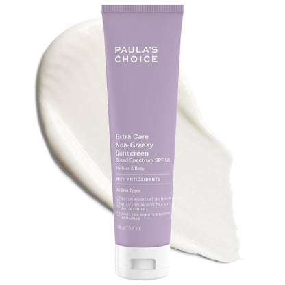 Paula's Choice Extra Care Oil Free Sonnenschutz für das Gesicht, SPF 50 Gesichts- & Körpersonnencreme, tägliche Feuchtigkeitslotion mit Aloe & Vitamin A/C, schweiß- & wasserbeständig, duftstofffrei, UVA/UVB-Schutz, 150 ml