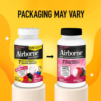 Airborne Very Berry Kautabletten, 116 Stück | Immunsystem-Unterstützung mit 1000 mg Vitamin C + Vitamin A, D, E, Zink, Selen & Mangan | Kräutermischung | Glutenfrei