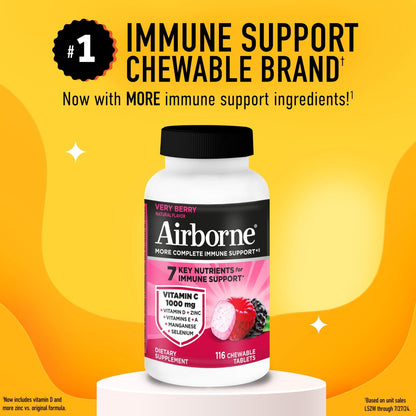 Airborne Very Berry Kautabletten, 116 Stück | Immunsystem-Unterstützung mit 1000 mg Vitamin C + Vitamin A, D, E, Zink, Selen & Mangan | Kräutermischung | Glutenfrei