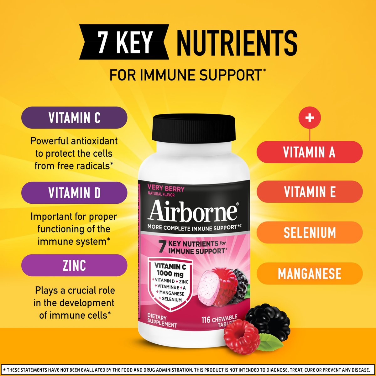 Airborne Very Berry Kautabletten, 116 Stück | Immunsystem-Unterstützung mit 1000 mg Vitamin C + Vitamin A, D, E, Zink, Selen & Mangan | Kräutermischung | Glutenfrei