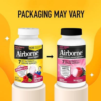 Airborne Very Berry Kautabletten, 116 Stück | Immunsystem-Unterstützung mit 1000 mg Vitamin C + Vitamin A, D, E, Zink, Selen & Mangan | Kräutermischung | Glutenfrei