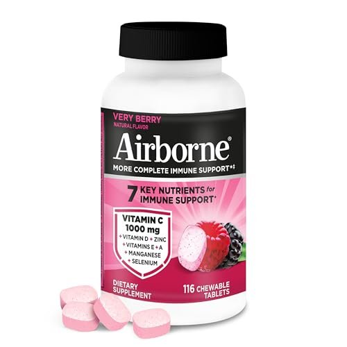 Airborne Very Berry Kautabletten, 116 Stück | Immunsystem-Unterstützung mit 1000 mg Vitamin C + Vitamin A, D, E, Zink, Selen & Mangan | Kräutermischung | Glutenfrei