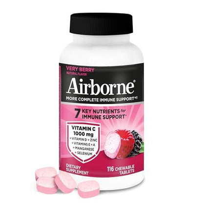 Airborne Very Berry Kautabletten, 116 Stück | Immunsystem-Unterstützung mit 1000 mg Vitamin C + Vitamin A, D, E, Zink, Selen & Mangan | Kräutermischung | Glutenfrei