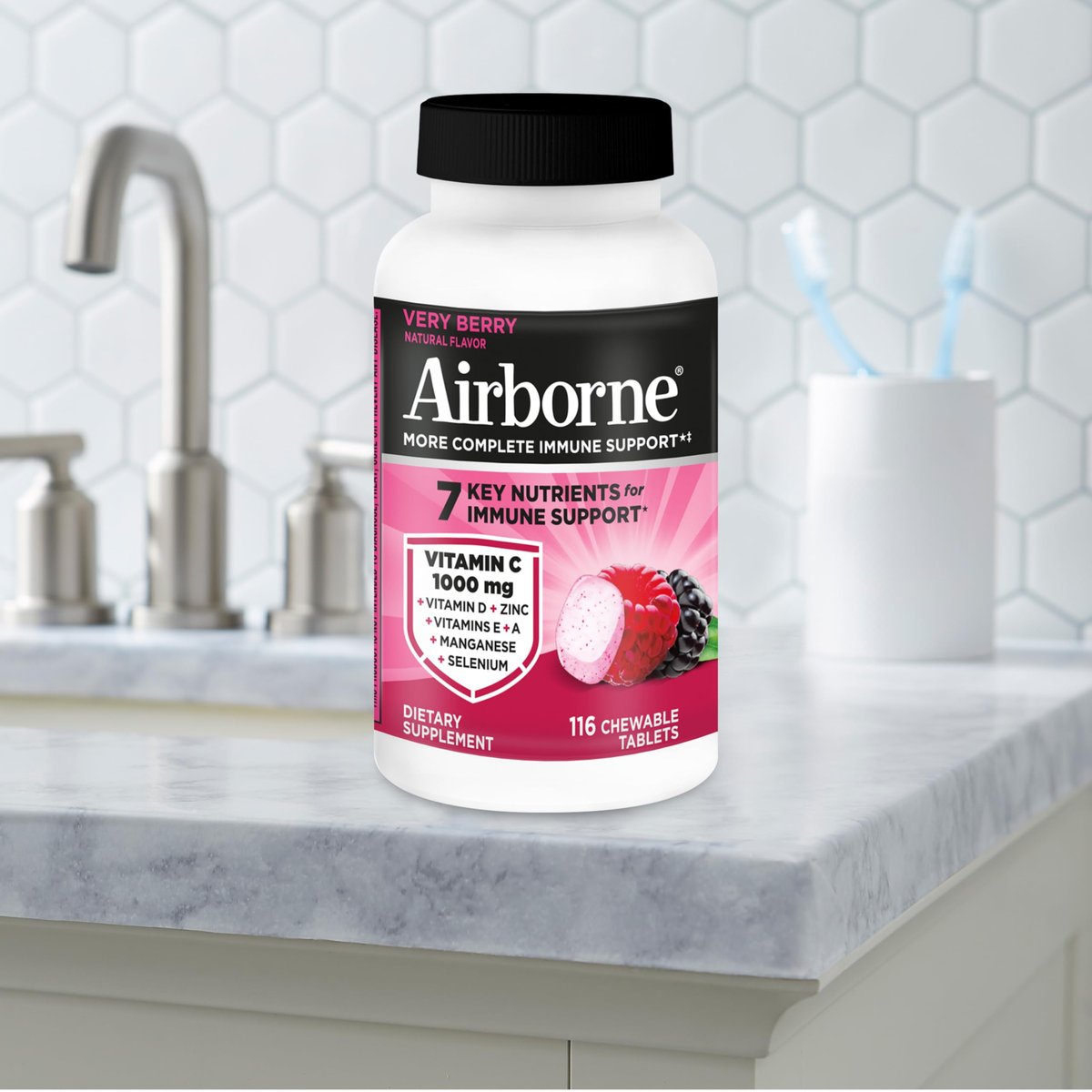 Airborne Very Berry Kautabletten, 116 Stück | Immunsystem-Unterstützung mit 1000 mg Vitamin C + Vitamin A, D, E, Zink, Selen & Mangan | Kräutermischung | Glutenfrei
