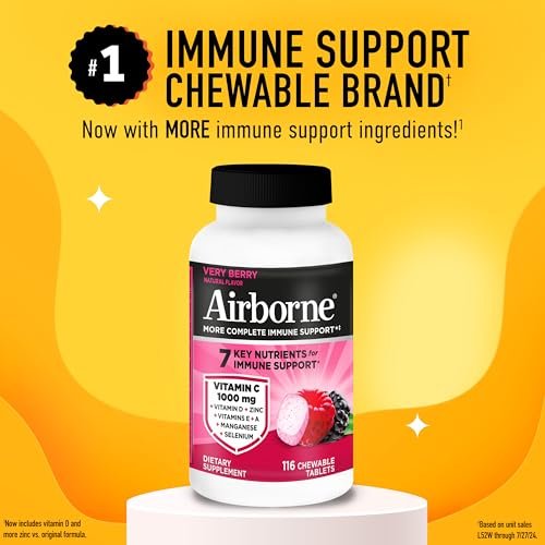 Airborne Very Berry Kautabletten, 116 Stück | Immunsystem-Unterstützung mit 1000 mg Vitamin C + Vitamin A, D, E, Zink, Selen & Mangan | Kräutermischung | Glutenfrei