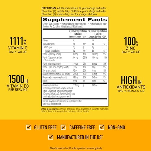Airborne Very Berry Kautabletten, 116 Stück | Immunsystem-Unterstützung mit 1000 mg Vitamin C + Vitamin A, D, E, Zink, Selen & Mangan | Kräutermischung | Glutenfrei