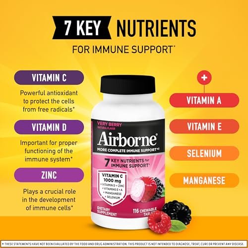 Airborne Very Berry Kautabletten, 116 Stück | Immunsystem-Unterstützung mit 1000 mg Vitamin C + Vitamin A, D, E, Zink, Selen & Mangan | Kräutermischung | Glutenfrei