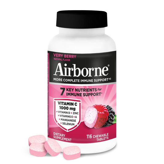 Airborne Very Berry Kautabletten, 116 Stück | Immunsystem-Unterstützung mit 1000 mg Vitamin C + Vitamin A, D, E, Zink, Selen & Mangan | Kräutermischung | Glutenfrei