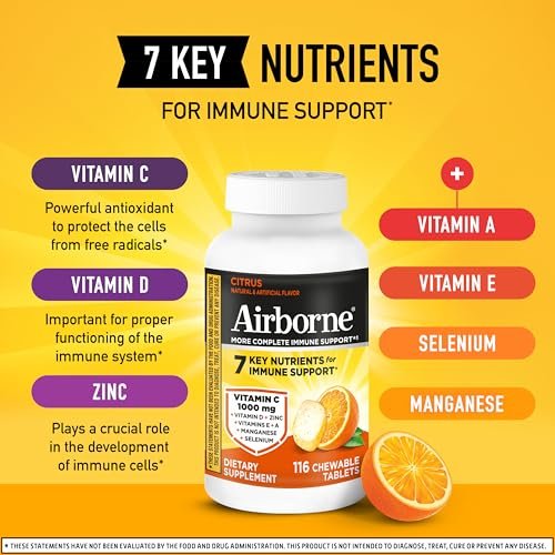 Airborne Citrus Kaubare Tabletten, 116 Stück | Immunsystem-Unterstützung mit 1000 mg Vitamin C + Vitamin A, D, E, Zink, Selen & Mangan | Kräutermischung | Glutenfrei