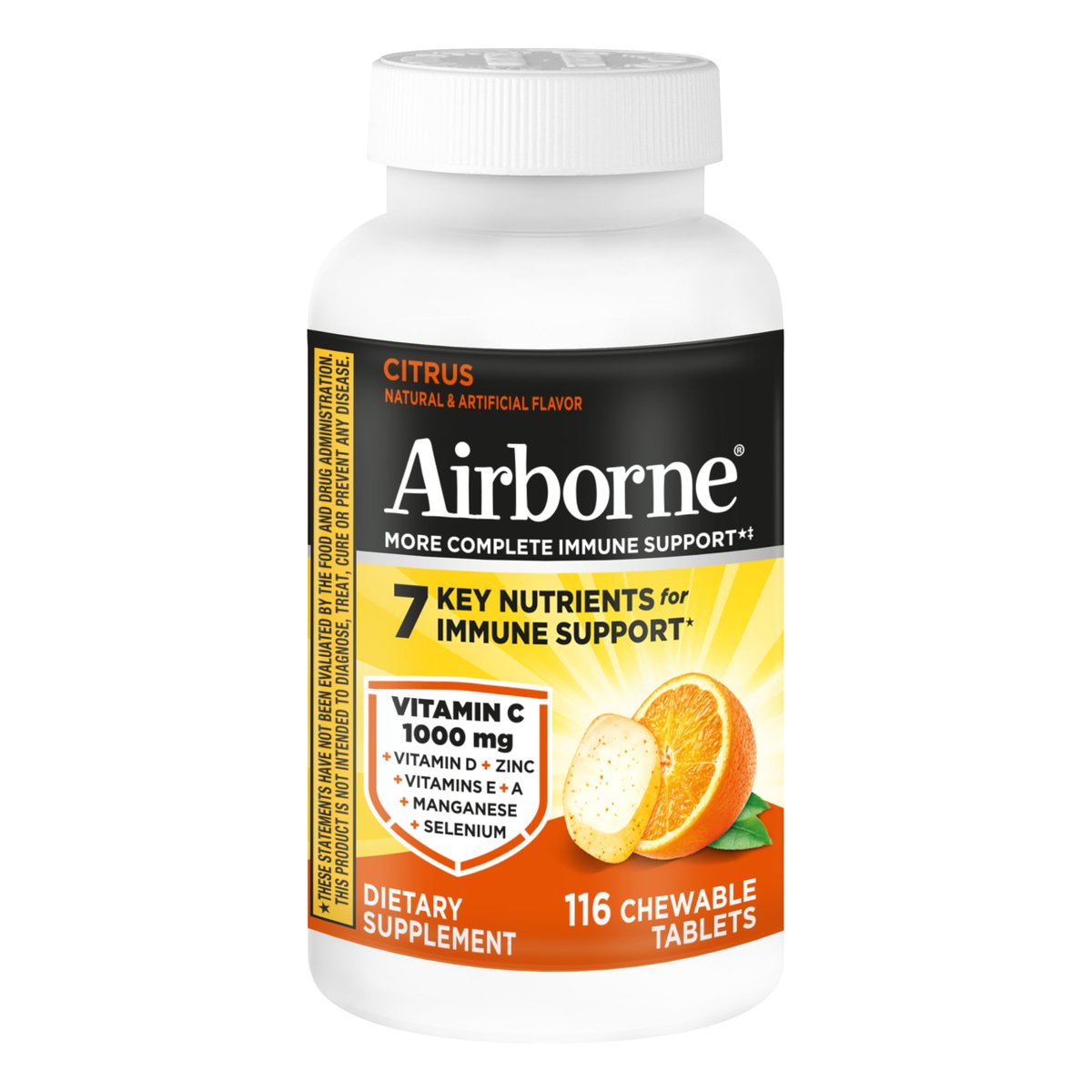 Airborne Citrus Kaubare Tabletten, 116 Stück | Immunsystem-Unterstützung mit 1000 mg Vitamin C + Vitamin A, D, E, Zink, Selen & Mangan | Kräutermischung | Glutenfrei