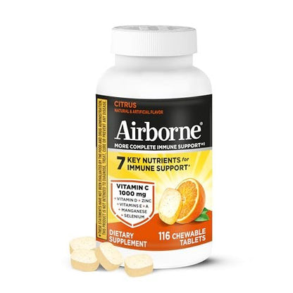 Airborne Citrus Kaubare Tabletten, 116 Stück | Immunsystem-Unterstützung mit 1000 mg Vitamin C + Vitamin A, D, E, Zink, Selen & Mangan | Kräutermischung | Glutenfrei