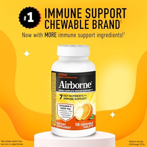 Airborne Citrus Kaubare Tabletten, 116 Stück | Immunsystem-Unterstützung mit 1000 mg Vitamin C + Vitamin A, D, E, Zink, Selen & Mangan | Kräutermischung | Glutenfrei