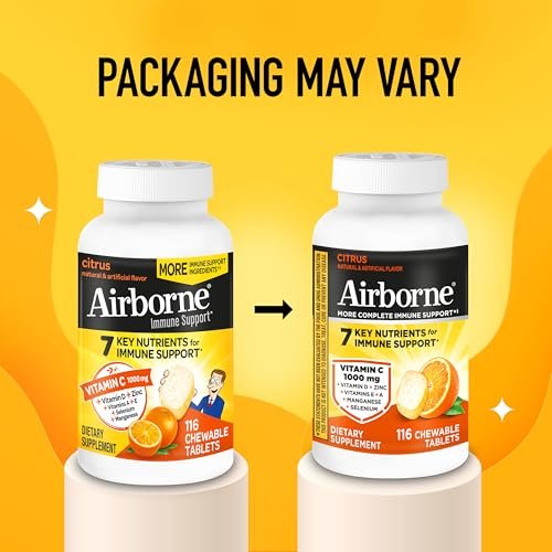 Airborne Citrus Kaubare Tabletten, 116 Stück | Immunsystem-Unterstützung mit 1000 mg Vitamin C + Vitamin A, D, E, Zink, Selen & Mangan | Kräutermischung | Glutenfrei