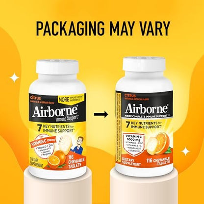 Airborne Citrus Kaubare Tabletten, 116 Stück | Immunsystem-Unterstützung mit 1000 mg Vitamin C + Vitamin A, D, E, Zink, Selen & Mangan | Kräutermischung | Glutenfrei
