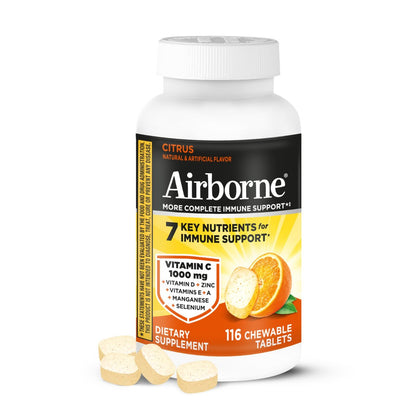 Airborne Citrus Kaubare Tabletten, 116 Stück | Immunsystem-Unterstützung mit 1000 mg Vitamin C + Vitamin A, D, E, Zink, Selen & Mangan | Kräutermischung | Glutenfrei