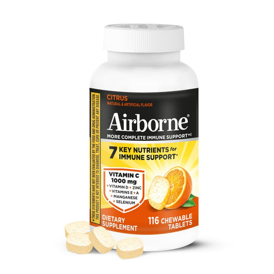 Airborne Citrus Kaubare Tabletten, 116 Stück | Immunsystem-Unterstützung mit 1000 mg Vitamin C + Vitamin A, D, E, Zink, Selen & Mangan | Kräutermischung | Glutenfrei