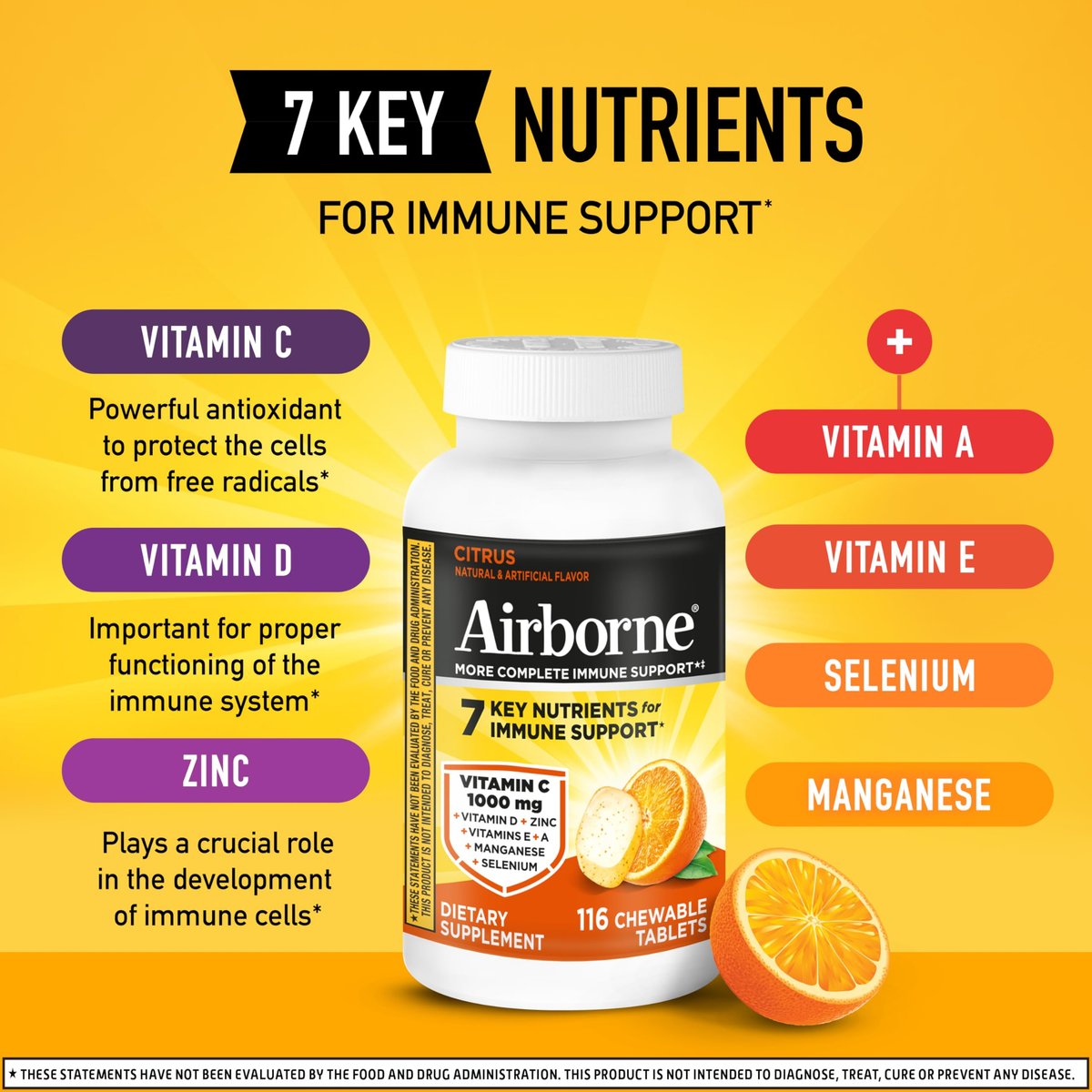 Airborne Citrus Kaubare Tabletten, 116 Stück | Immunsystem-Unterstützung mit 1000 mg Vitamin C + Vitamin A, D, E, Zink, Selen & Mangan | Kräutermischung | Glutenfrei