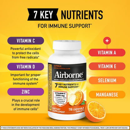 Airborne Citrus Kaubare Tabletten, 116 Stück | Immunsystem-Unterstützung mit 1000 mg Vitamin C + Vitamin A, D, E, Zink, Selen & Mangan | Kräutermischung | Glutenfrei