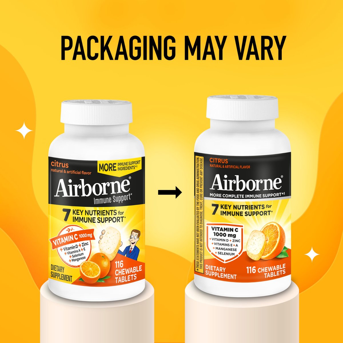 Airborne Citrus Kaubare Tabletten, 116 Stück | Immunsystem-Unterstützung mit 1000 mg Vitamin C + Vitamin A, D, E, Zink, Selen & Mangan | Kräutermischung | Glutenfrei