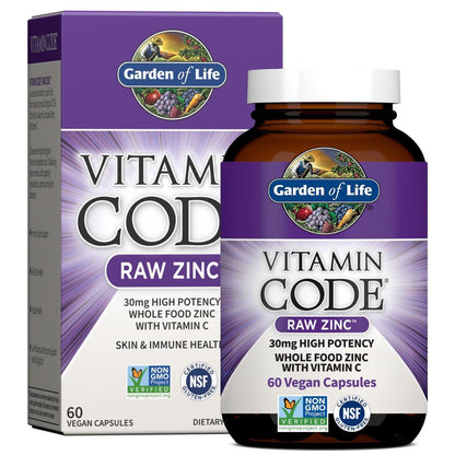 Garden of Life Zinkpräparat 30 mg hochdosiert – Rohzink & Vitamin C Multimineral-Komplex mit Vitamin Code Vitaminen, Spurenelementen & Probiotika für Haut & Immunsystem, 60 vegane Kapseln
